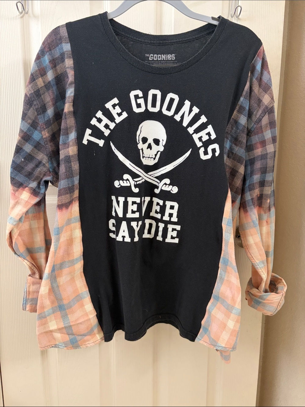 Upcycled Graphic Tee with Plaid Sleeves